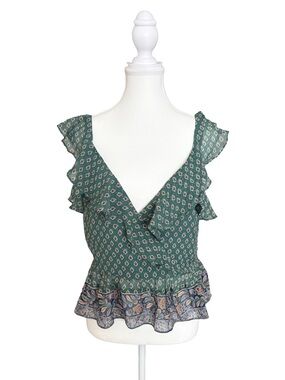 Veronica Beard Silk Ruffle Blouse Size 8 Green Floral Peplum Boho Top